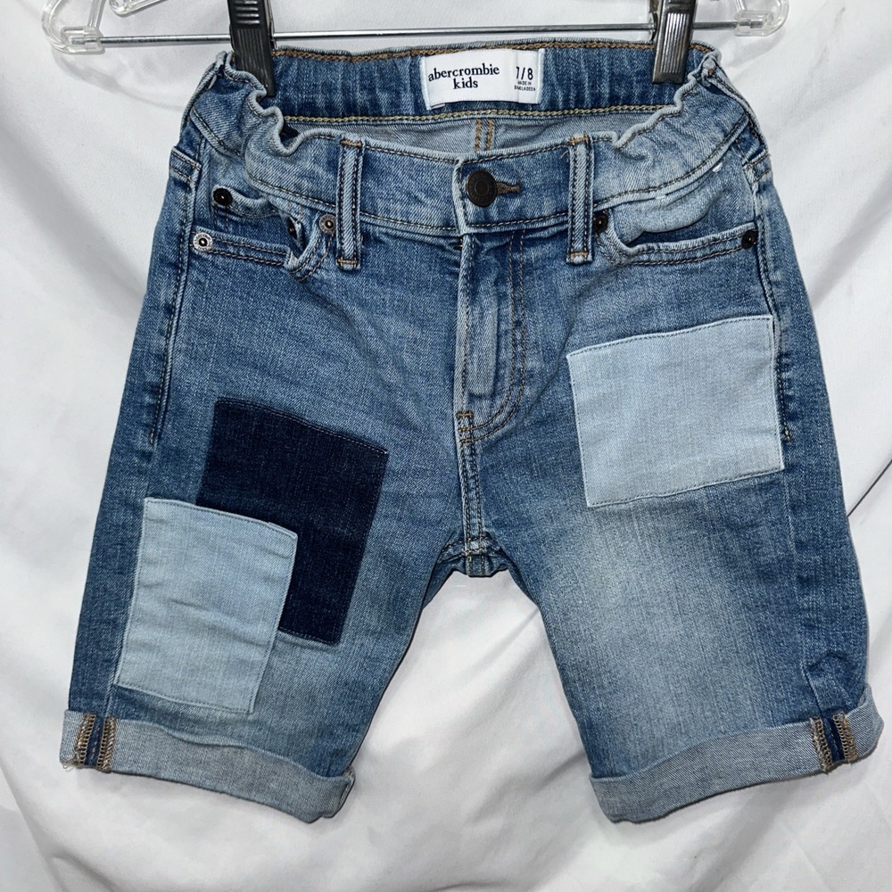 Abercrombie Kids Patchwork Denim Shorts Medium Wash Adjustable Waist Size 7/8